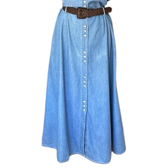 Vintage 90s Embroidered Denim MIDI Dress Blue Belted Pockets Casual Size 24 - Picture 8 of 16